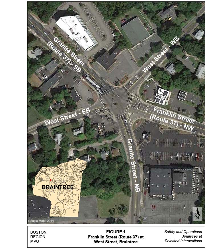 Figure 1, Franklin Street (Route 37) at West Street, Braintree. 
Figure 1 is titled “Franklin Street (Route 37) at West Street, Braintree.” It is an aerial photo of the intersection; the roadways that form the intersection are labeled in the photo: Franklin Street, which is Route 37 at the eastern approach; West Street, two approaches; and Granite Street, which is called Route 37 at the northwestern approach but not at the southern approach. There is also an inset map in the corner of the photo that shows where the intersection is located within Braintree.
